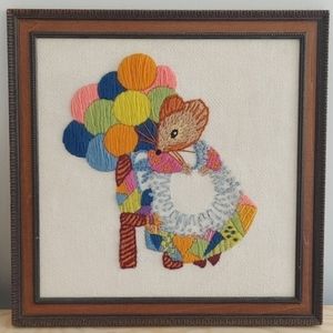 Vintage Embroidery Wall Hanging in Old Wood Frame